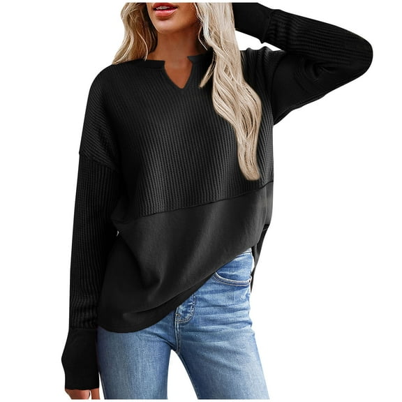 Generic Womens Casual V Neck Waffle Knit Pullover Tops Long Sleeve T Shirts Loose Trendy Blouses