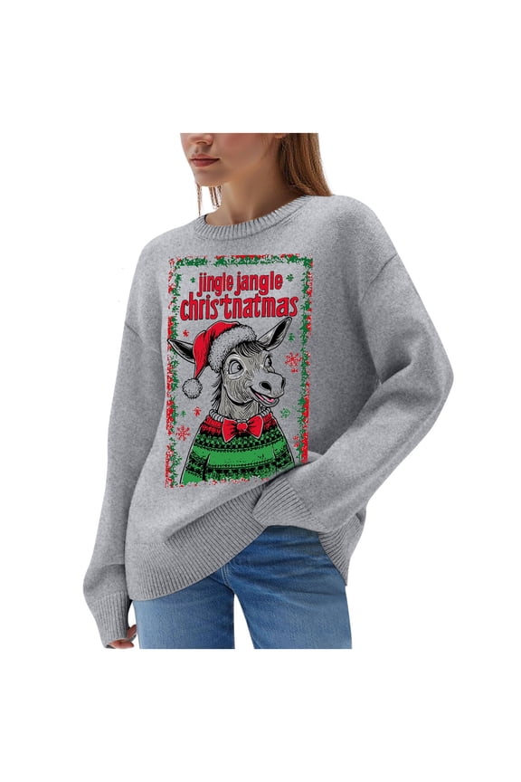 Womens Christmas Sweater Cute Santa Xmas Sweatshirts Novelty Funny Long Sleeve Creweck Knit Sweaters