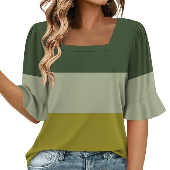 Generic Womens Color Block Shirts Summer Square Neck Puff Sleeves Top Fashion Beach Vacation Dressy Tunic Tops