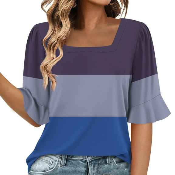 Generic Womens Color Block Shirts Summer Square Neck Puff Sleeves Top Fashion Beach Vacation Dressy Tunic Tops
