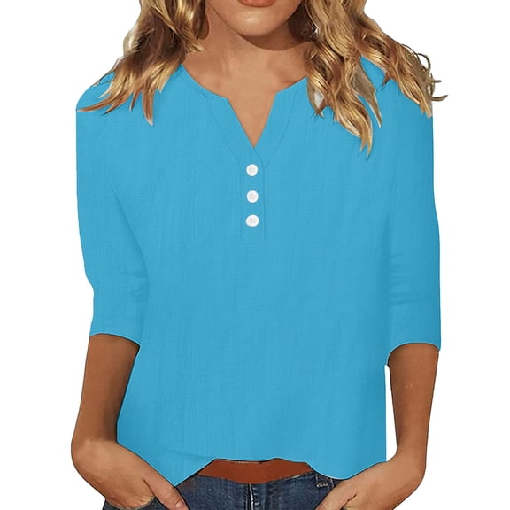 Generic Womens Cotton Linen 3/4 Sleeve T-Shirts V Neck Buttons Tops Loose Fit Pullover Summer Shirts