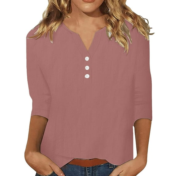 Generic Womens Cotton Linen 3/4 Sleeve T-Shirts V Neck Buttons Tops Loose Fit Pullover Summer Shirts
