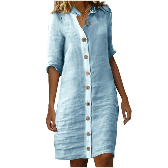 Generic Womens Cotton Linen Button Down Shirt Dress Casual Half Sleeve Lapel Knee Length Dresses Summer Loose Fit Dress