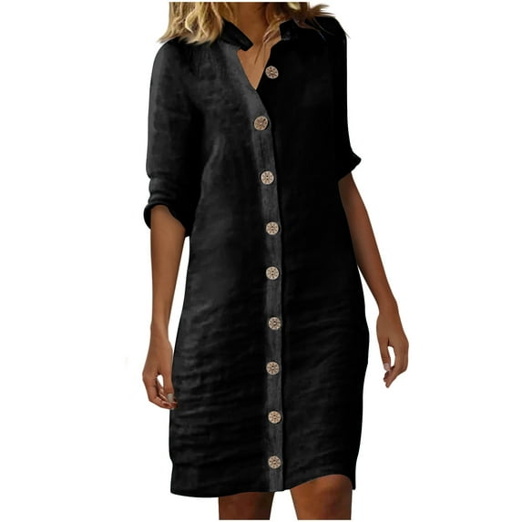 Generic Womens Cotton Linen Button Down Shirt Dress Casual Half Sleeve Lapel Knee Length Dresses Summer Loose Fit Dress