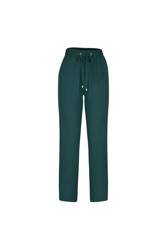 Womens Cotton Linen Pants Casual Straight Fit Elastic Waisted Drawsting Trousers with Pockets