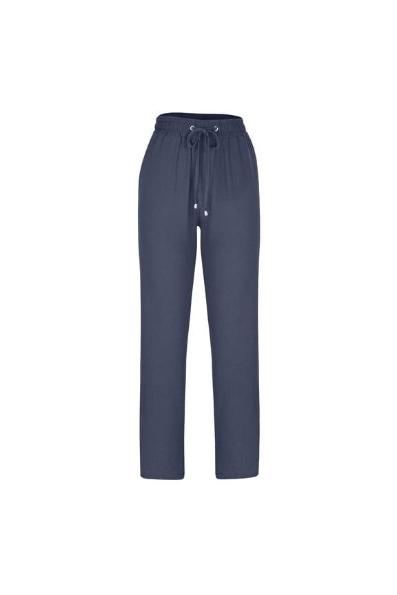Womens Cotton Linen Pants Casual Straight Fit Elastic Waisted Drawsting Trousers with Pockets