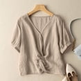 thumbnail image 1 of Generic Womens Cotton Linen Shirts Loose Fit Casual V Neck Short Sleeve Dressy Twist Front Crop Blouse Gauze Tops, 1 of 4