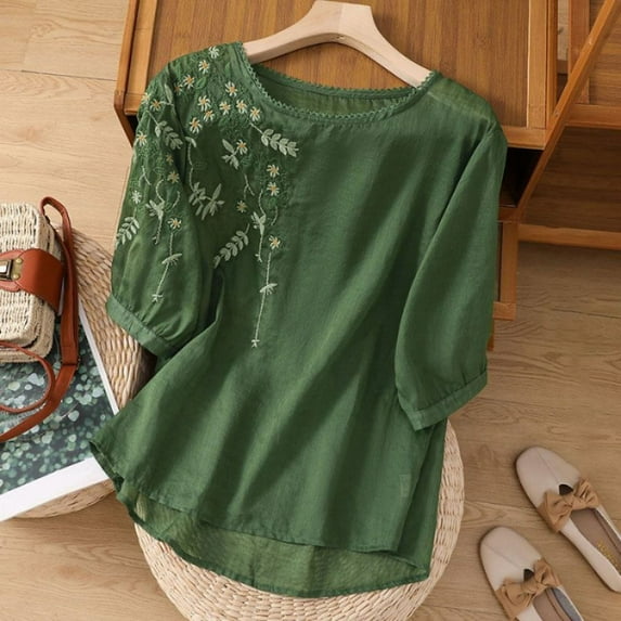 Generic Womens Cotton Linen Shirts Summer Crew Neck Short Sleeve Blouses Casual Boho Vintage Embroidery Loose Blouse