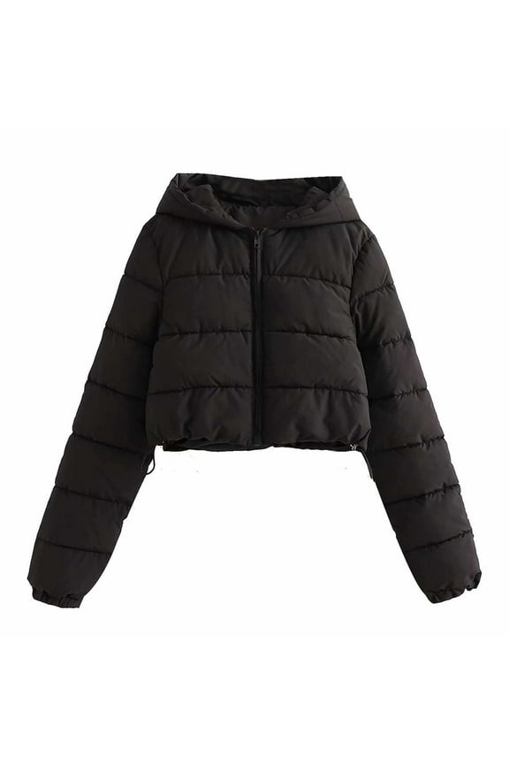 Womens Cropped Puffer Jacket Winter Long Sleeve Zip Up Quilted Padded Short Coat