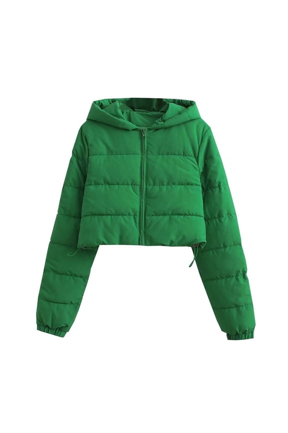 Womens Cropped Puffer Jacket Winter Long Sleeve Zip Up Quilted Padded Short Coat