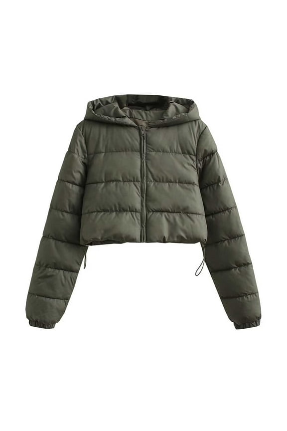 Womens Cropped Puffer Jacket Winter Long Sleeve Zip Up Quilted Padded Short Coat