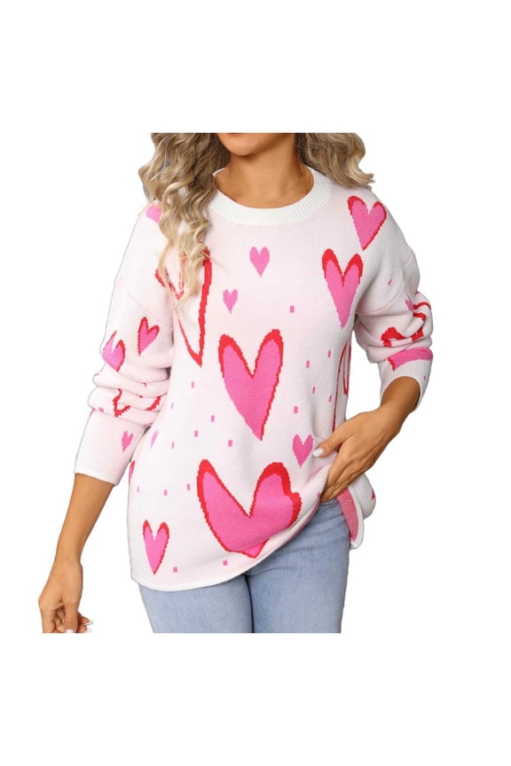 Womens Cute Heart Sweaters Valentines Oversized Knit Sweatshirts Pullover Long Sleeve Crewneck Love Pink Sweater