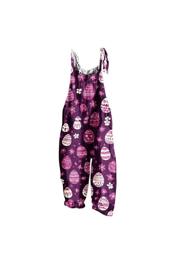 Womens Easter Print Jumpsuits Plus Size Wide Leg Adjustable Strap Overalls Holiday Graphic Sleeveless Rompers