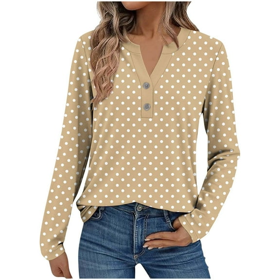 Generic Womens Fall Tops Casual Dressy Polka Dot Graphic V Neck T Shirts 3/4 Length Sleeve Loose Fit Button Work Blouse