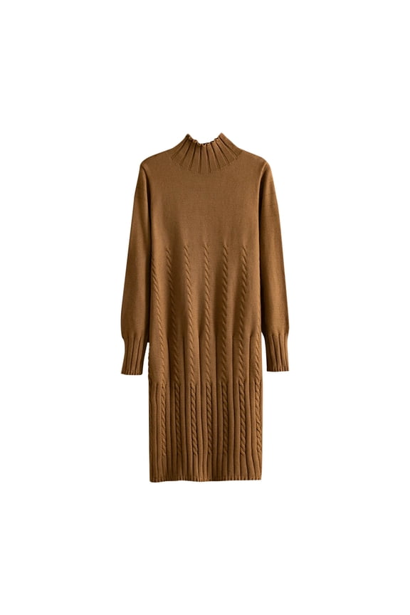 Womens Fall Winter Dresses Mock Neck Long Sleeve Cable Knit Casual Sweater Dress Knee Length Cozy Bottom Dresses