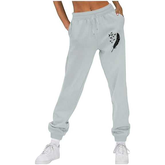 Generic Womens Fall Winter Sweat Pants High Waisted Drawstring Joggers Athletic Comfy Print Workout Pants with Pockets