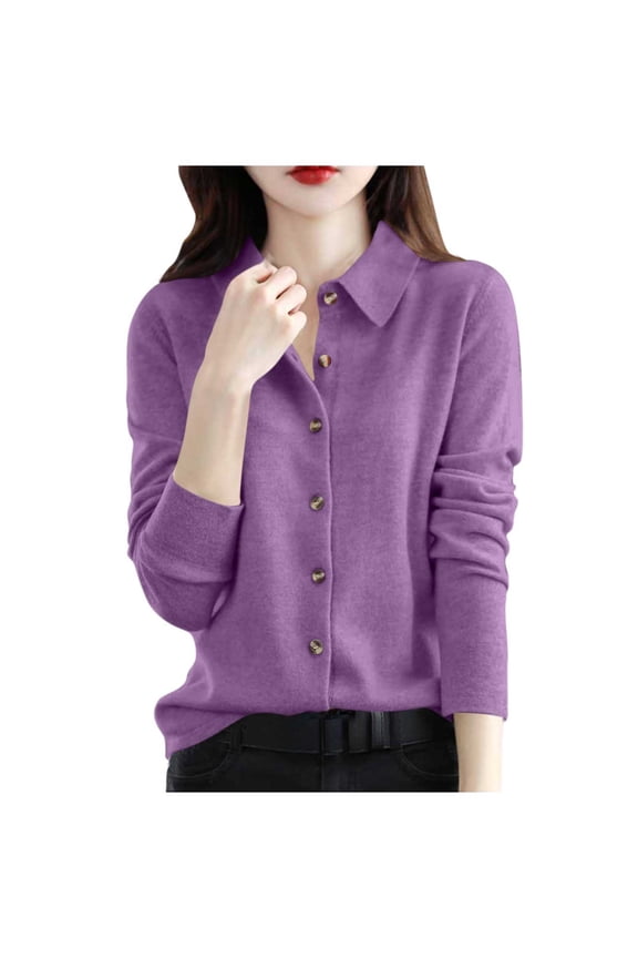 Women's Fall Winter Sweaters Warm Soft Knitted Shirt Lapel Polo Collar Cardigan Long Sleeves