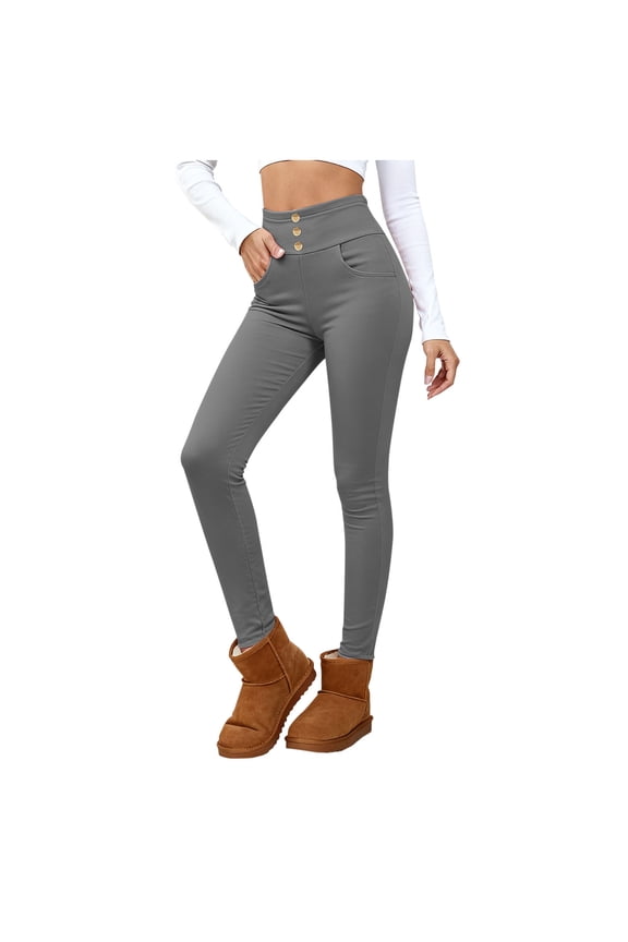Womens Fleece Lined Leggings Thermal Warm Tummy Control Winter Tights Trendy Button High Waisted Leggings with Pockets
