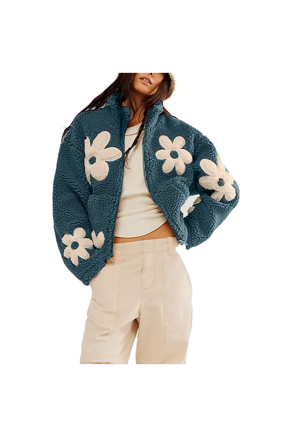 Womens Floral Print Sherpa Fleece Jackets Winter Zipper Cropped Coat Casual Long Sleeve Outwear with Pockets
