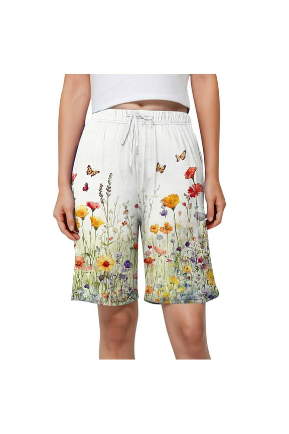 Womens Floral Print Shorts High Waist Elastic Knee Length Linen Short Pants Casual Summer Drawstring Going Out Shorts