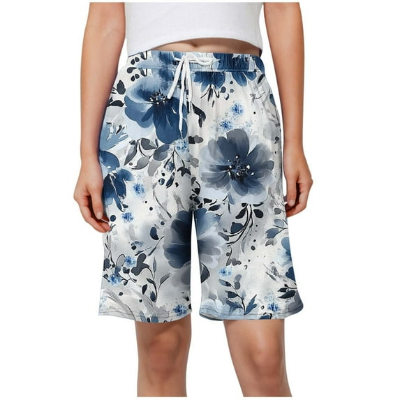 Generic Womens Floral Print Shorts High Waist Elastic Knee Length Linen Short Pants Casual Summer Drawstring Going Out Shorts
