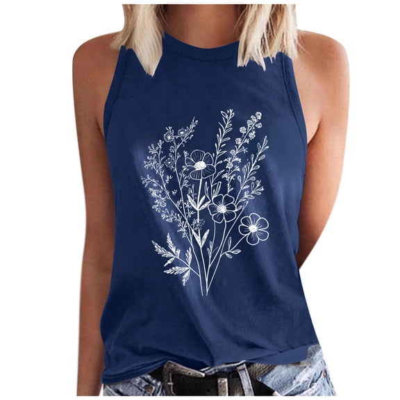 Generic Womens Flower Print Tank Tops Summer Casual Crewneck Sleeveless Blouses Loose Fit Beach Vacation Camisole