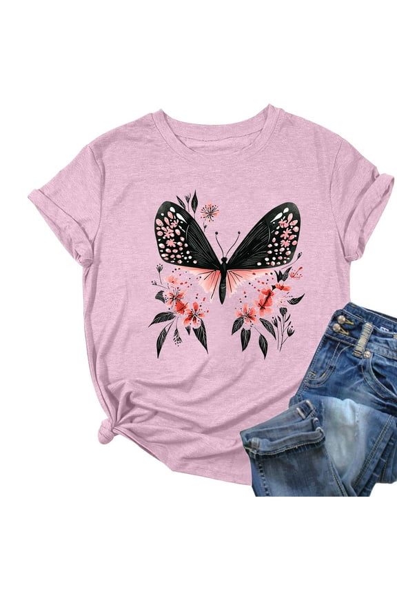 Womens Graphic Tees Summer Butterfly Cotton Printed Short Sleeve Crew Neck T Shirt Loose Fit Casual Going Out Tops