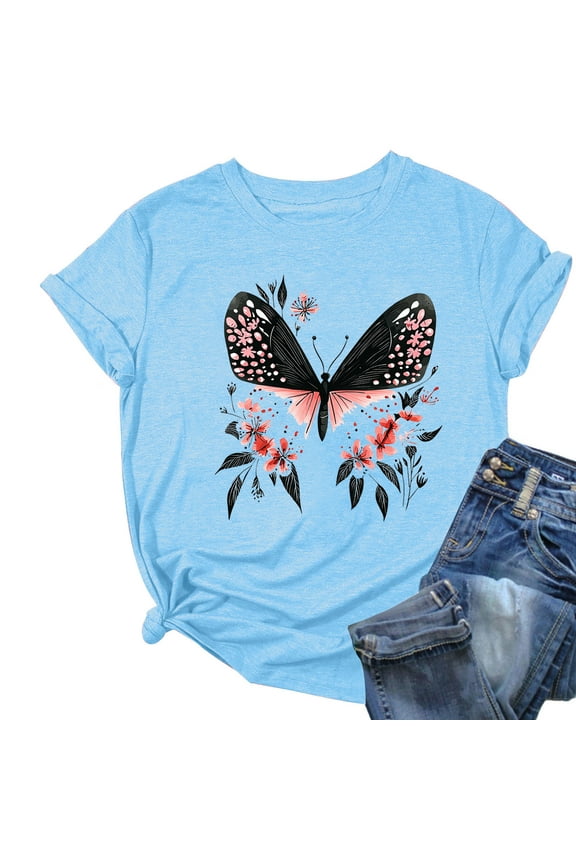 Womens Graphic Tees Summer Butterfly Cotton Printed Short Sleeve Crew Neck T Shirt Loose Fit Casual Going Out Tops