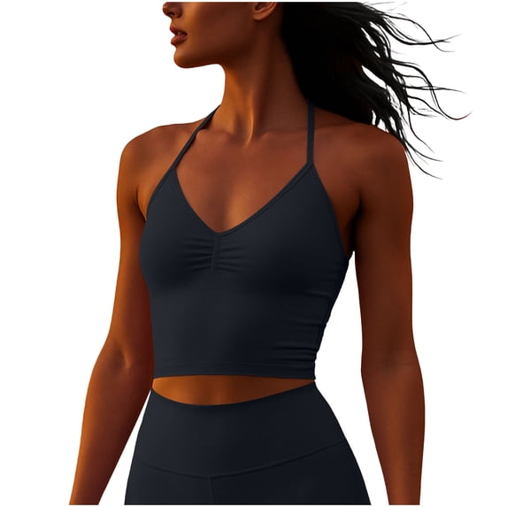 Generic Womens Halter Neck Sleeveless Yoga Tank Tops Ruched V Neck Slim Fit Cropped Athletic Top Workout Camisole Tops