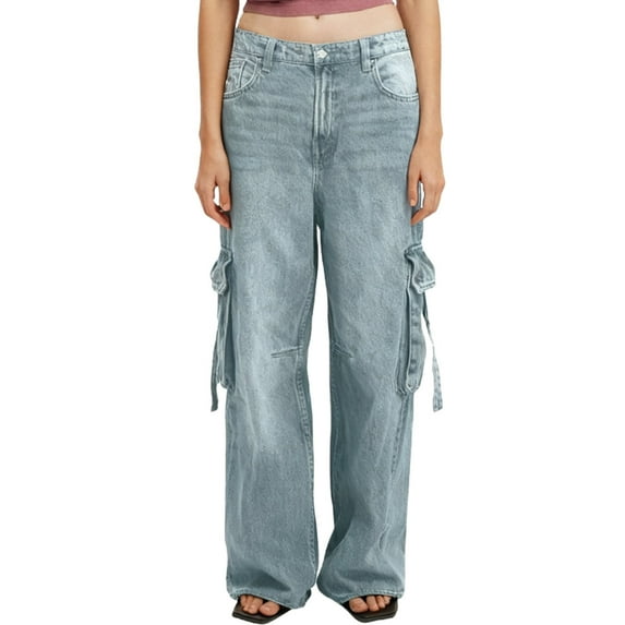 Generic Womens High Waist Front Seamed High Rise Wide-Leg Jeans Straight Leg Loose Washed Long Full Length Jeans