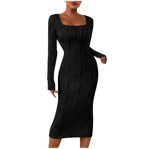 Generic Womens Jacquard Knit Dresses Casual Long Sleeve Fall Winter Sweater Dress Soft Stretch Textured Bodycon Midi Dress