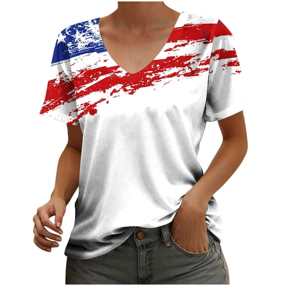 Generic Womens July 4th Scrub Top Casual Summer American Flag Printed Short Sleeve V Neck Tee Tie Dye Loose Tshirt