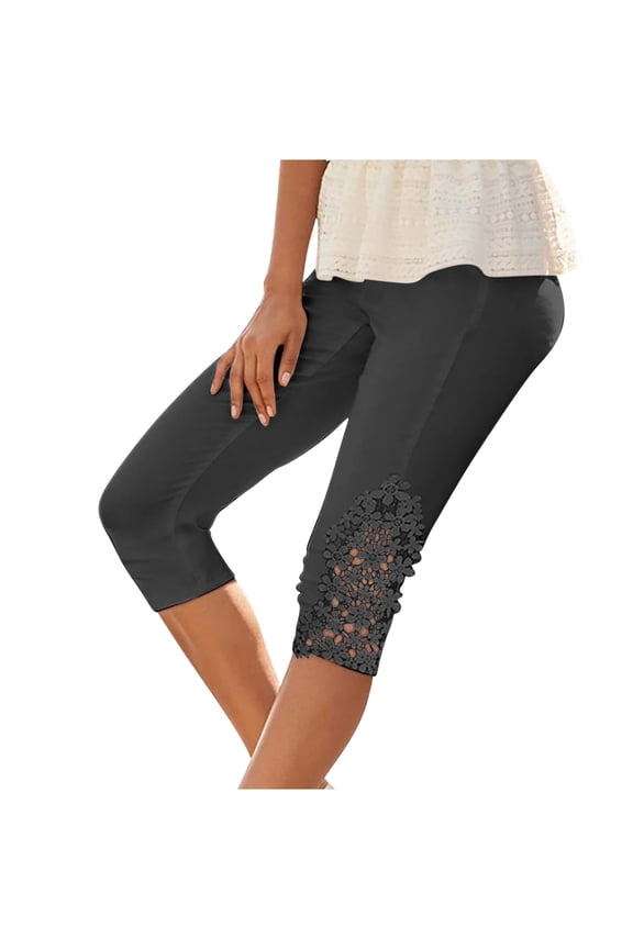 Womens Knee Length Capri Leggings Floral Lace High Waist Leggings Skinny Cropped Workout Yoga Pants
