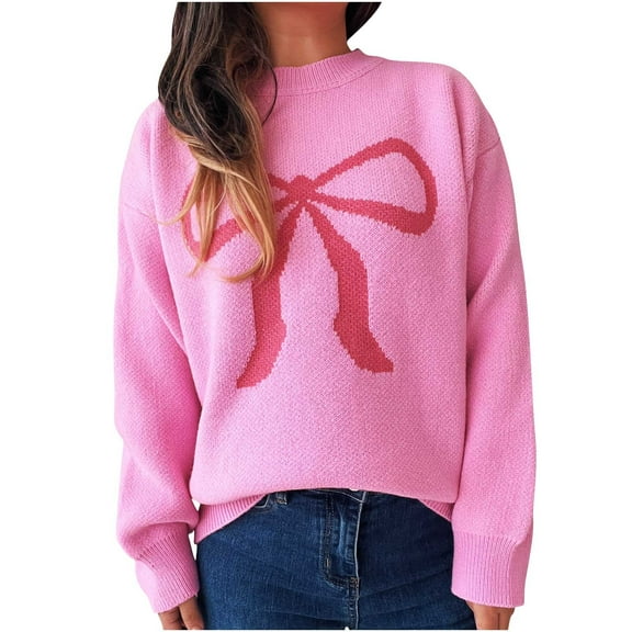 Generic Womens Knitted Pullover Bow Sweater Long Sleeve Crewneck Y2k Casual Bow Top