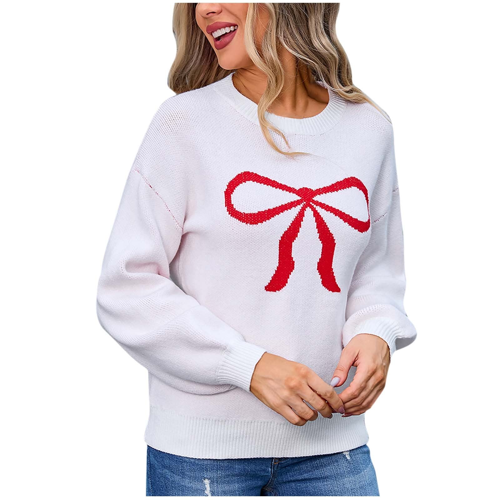 Women's Knitted Bow Sweater - Y2K Style Crochet Pullover, Long Sleeve Crewneck