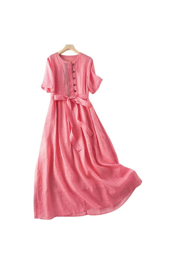 Womens Korean Style Dresses Lace-Up Waist-Defined Henley Shirt Midi Dress Summer Half Sleeve Trendy A-Line Dress