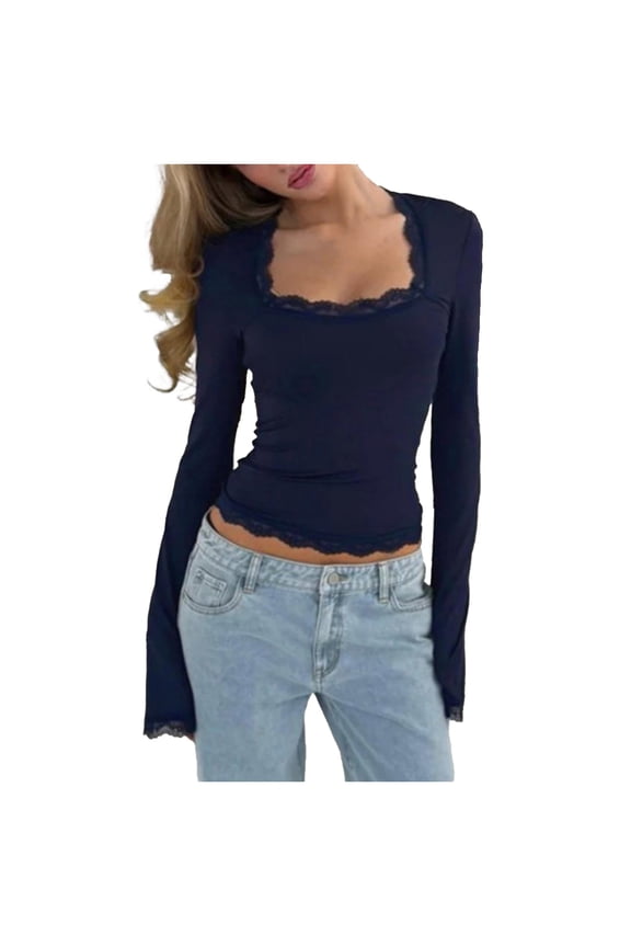 Womens Lace Trim Square Neck Shirt Y2k Bell Long Sleeve Crop Top Aesthetic Fairy Slim Fit Going Out Blouse