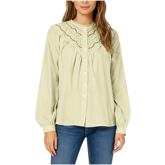 Generic Womens Lace V Neck Boho Shirt Long Sleeve Button Down Ruched Tops Casual Loose Fit Lightweight Fall Comfy Blouse
