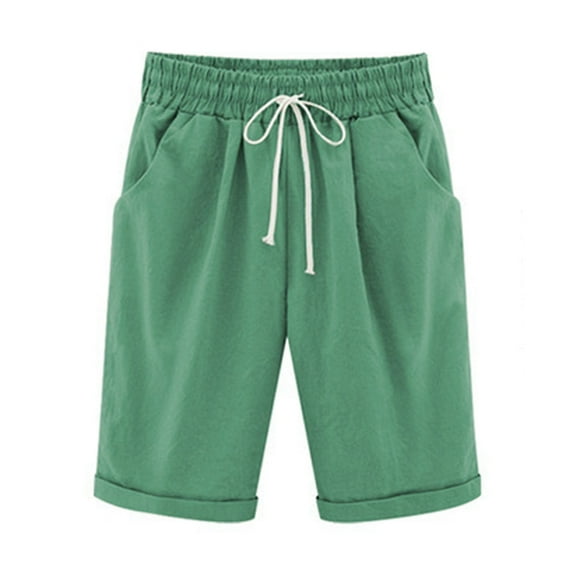 Generic Womens Linen Shorts Knee Length Elastic Waist Drawstring Short Summer Straight Leg Beach Travel Shorts with Pocket