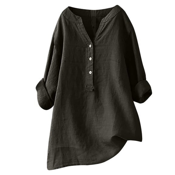 Generic Womens Long Sleeve Button Down Cotton Linen Shirt Blouse Loose Fit Casual V-Neck Tops