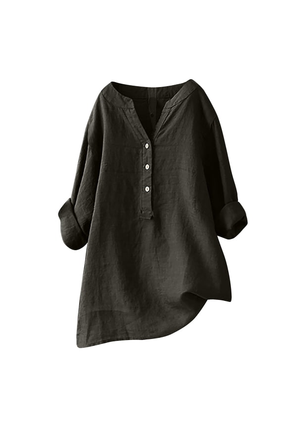 Womens Long Sleeve Button Down Cotton Linen Shirt Blouse Loose Fit Casual V-Neck Tops
