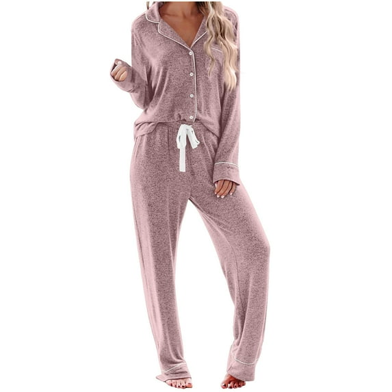 Generic Womens Long Sleeve Pajamas Set Soft Sleepwear Button Shirt Long Pants Pj Lounge Sets