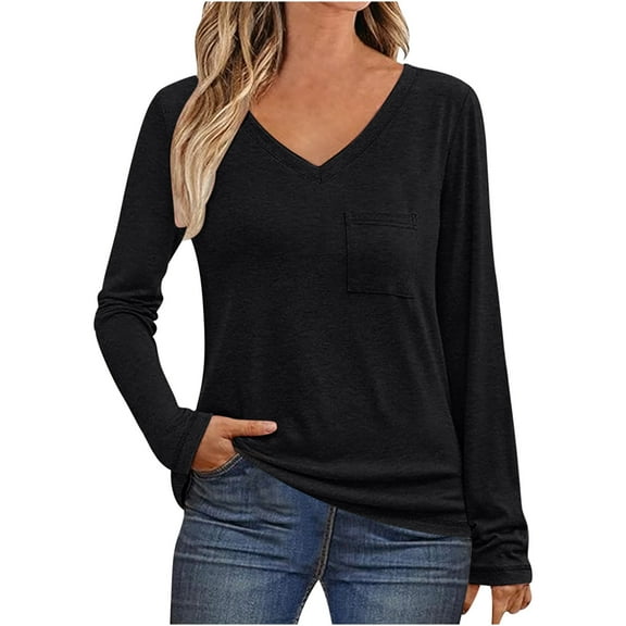 Generic Womens Long Sleeve T Shirts Crew Neck Plain Fashion Casual Sweatshirts Dressy Tops Trendy Blouse with Pocket