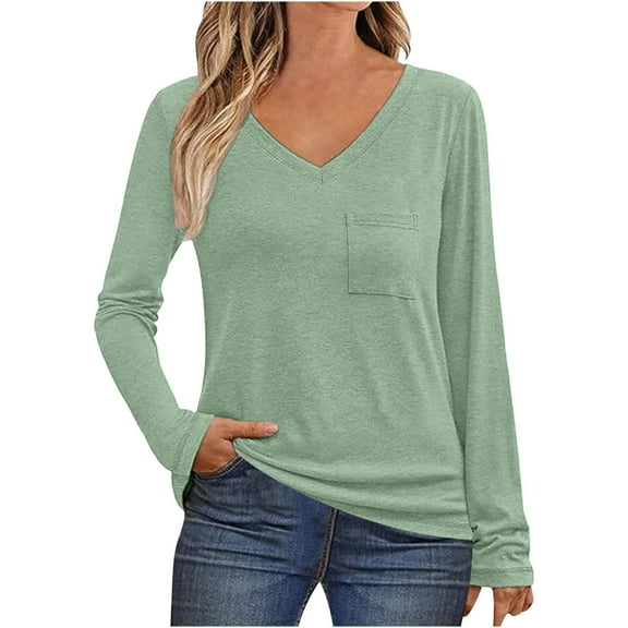 Generic Womens Long Sleeve T Shirts Crew Neck Plain Fashion Casual Sweatshirts Dressy Tops Trendy Blouse with Pocket