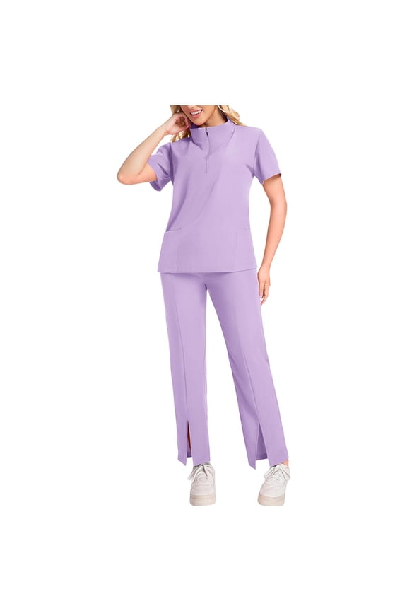 Womens Medical Scrubs Uniform Set Solid Color Short Sleeve V-Neck Blouses and Loose Drawstring Pants