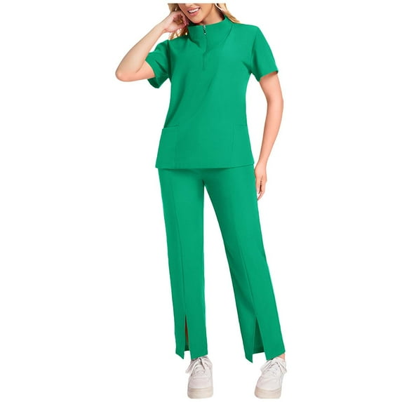 Generic Womens Medical Scrubs Uniform Set Solid Color Short Sleeve V-Neck Blouses and Loose Drawstring Pants