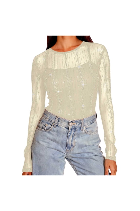 Womens Mesh Long Sleeve Tops Crewneck Sparkly Sheer Shirts Party Club Night See Through Lace Blouse