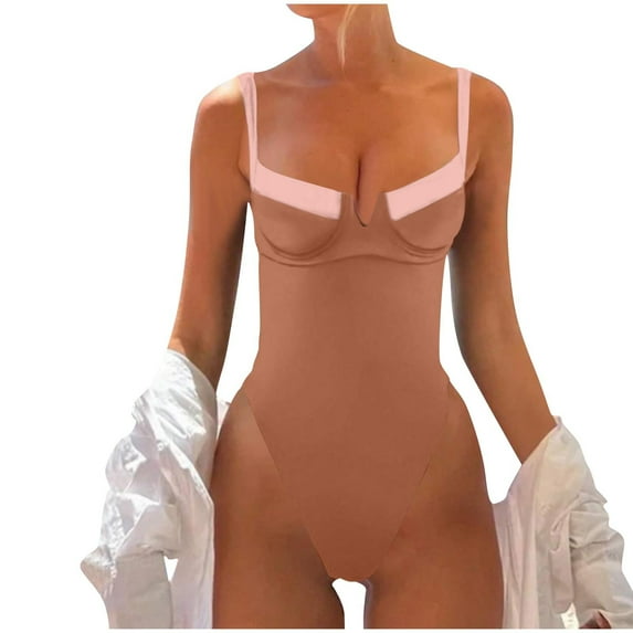 Generic Womens One Piece Swimsuits Sexy V Wire Slimming Bathing Suit Color Block Tummy Control Push Up Underwire Swimwear