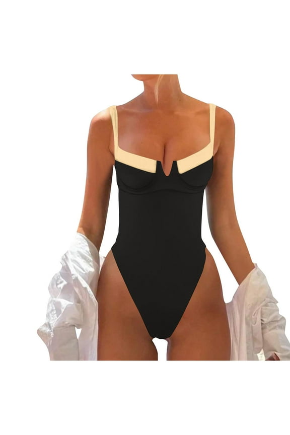 Womens One Piece Swimsuits Sexy V Wire Slimming Bathing Suit Color Block Tummy Control Push Up Underwire Swimwear