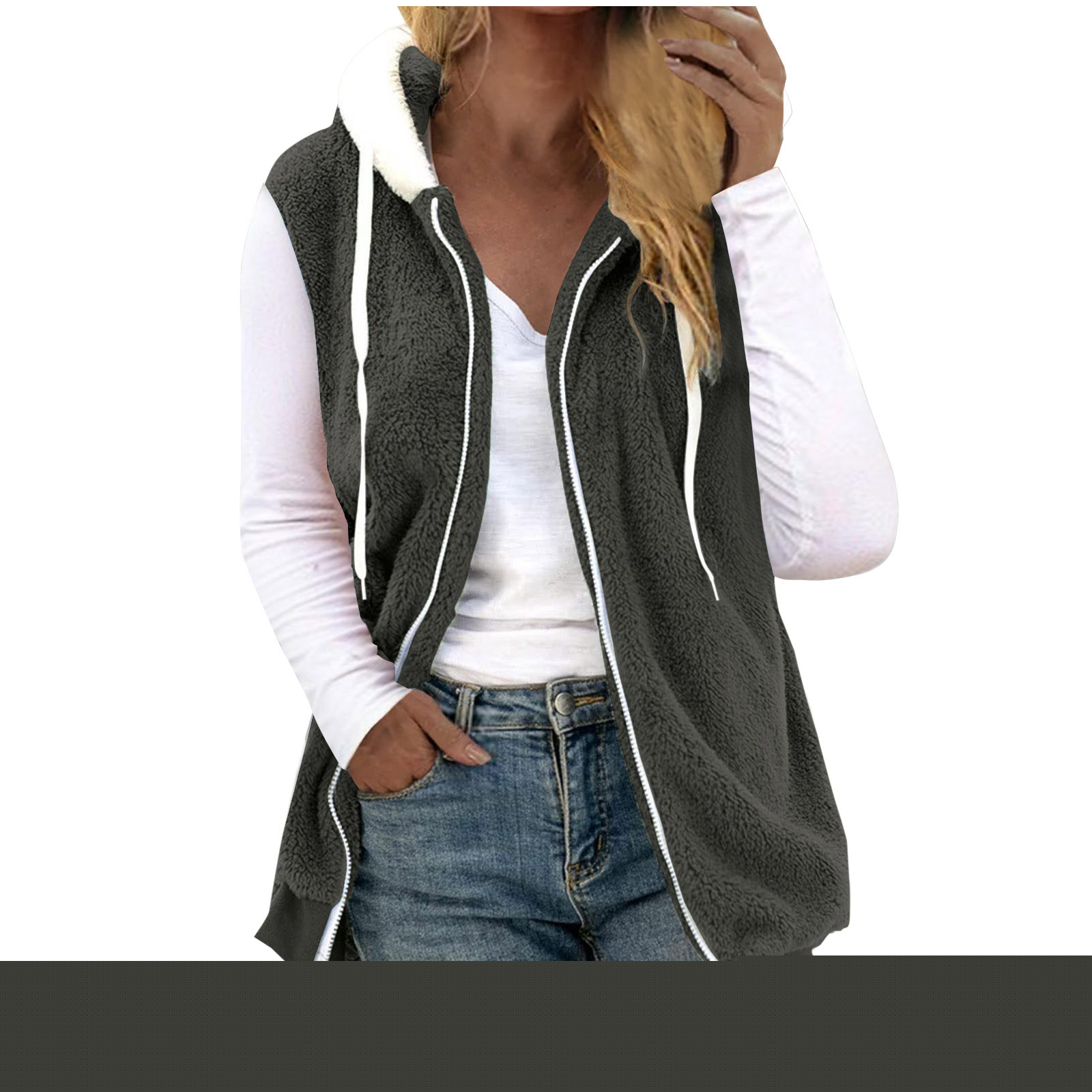 Generic Womens Oversized Fuzzy Fleece Jackets Zip Up Fall Fashion Hooded Sleeveless Vest with Pockets Lightweight Outwear